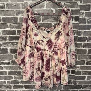 NWT Torrid Babydoll Crinkle Chiffon Blouson Sleeve Top shirt DUSK ROSE FLORAL
